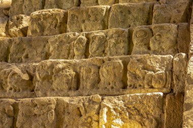 Copan Ruinas 'ın en ünlü tapınağının merdivenlerindeki çizimler. Honduras