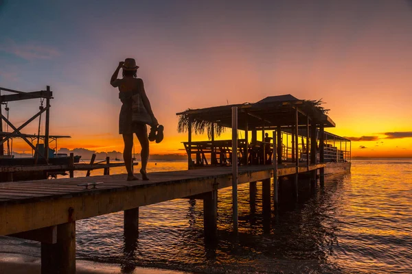 Woman Wooden Pier Beach Sunset — 스톡 사진