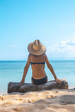 Bikinili güzel bir kız ve hasır şapkalı deniz kenarında bir kütükte oturuyor Tela, Honduras 'ta Punta Sal plajında.