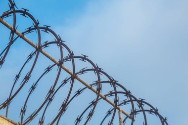 Mavi gökyüzüne karşı dikenli tel