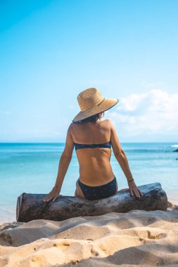 Bikinili güzel bir kız ve hasır şapkalı deniz kenarında bir kütükte oturuyor Tela, Honduras 'ta Punta Sal plajında.