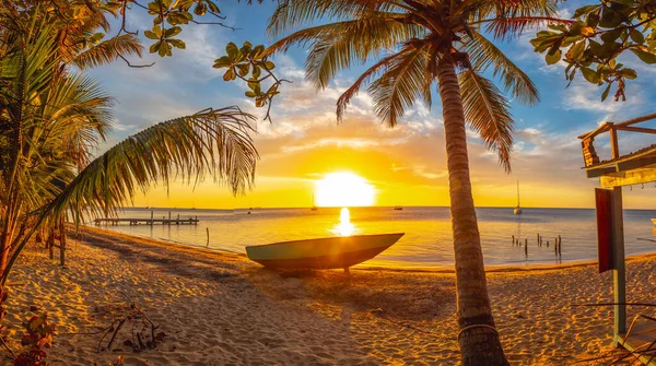 Красивый Закат Пляже Пальмами Лодкой — стоковое фото