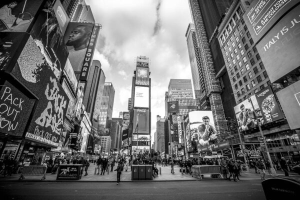 New York, United States - January 5, 2020: famous Times Square in New York, black and white