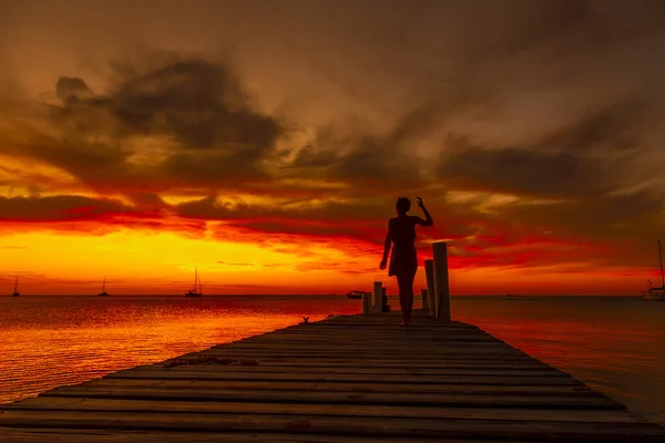 Woman Wooden Pier Beach Sunset — 스톡 사진