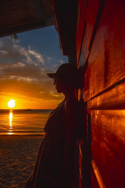 Young Woman Posing Wooden Fence Beach Sunset — 스톡 사진