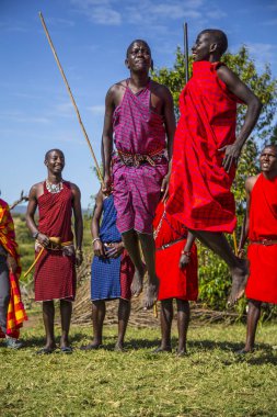 Masai Mara, Kenya - Ağustos 2018: Masailer Masai geleneklerini bir grup turiste anlatıyor ve ikisi atlıyor