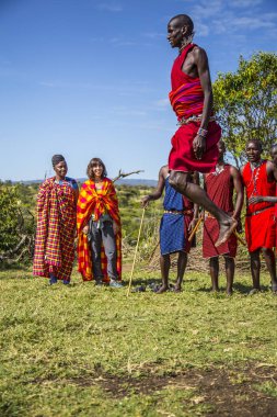 Masai Mara, Kenya - August 2018: A group of Masais explaining the Masai tradiones to a group of tourists and one of them jumping