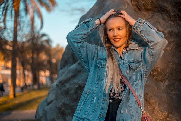 Portrait Young Blonde Woman Wearing Denim Jacket Big Rock — Stock Photo, Image