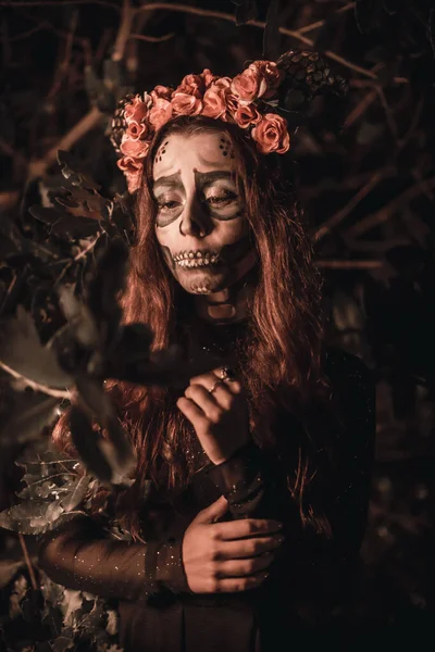 Portré Fiatal Ijesztő Halloween Smink Day Dead Téma — Stock Fotó