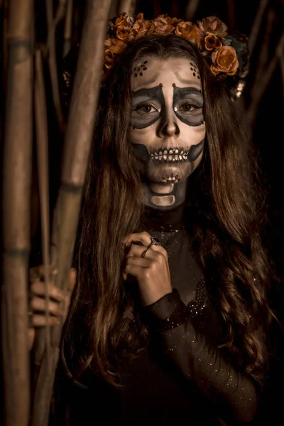 Porträt Einer Jungen Frau Mit Gruseligem Halloween Make Thema Tag — Stockfoto