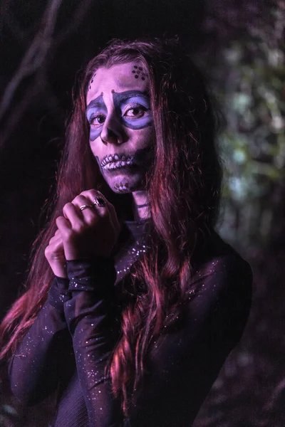 Retrato Jovem Com Maquiagem Assustadora Halloween Dia Dos Mortos Tema — Fotografia de Stock