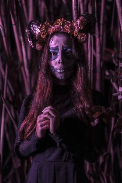 Ritratto Giovane Donna Con Spaventoso Trucco Halloween Tema Day Dead — Foto Stock