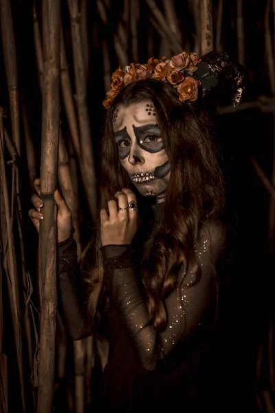 Портрет Молодої Жінки Страшним Гримом Хелловін Тема Дня Мертвих — стокове фото