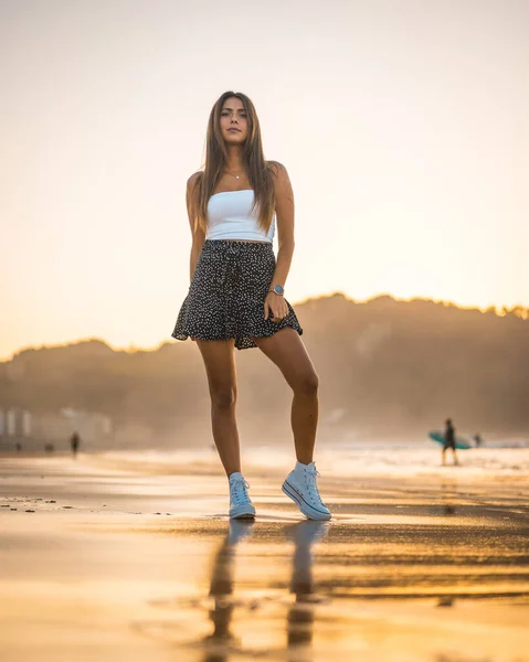 Fashion Portrait Attractive Young Woman Beach Zarautz — Stock Photo, Image