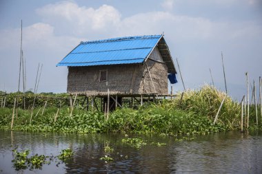 Inle Lake, Myanmar - Spring, 2018:  beautiful blue house on Inle Lake