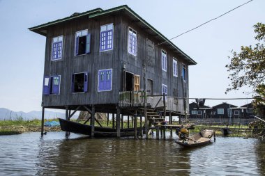 Inle Lake, Myanmar - Spring, 2018:  beautiful blue house on Inle Lake