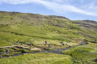İzlanda 'da küçük bir deresi olan dağ manzarası