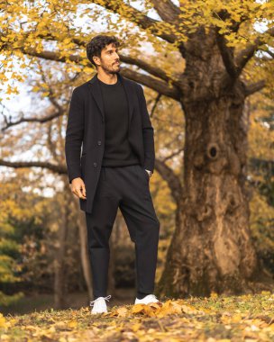 Güz parkında poz veren takım elbiseli yakışıklı genç adam.