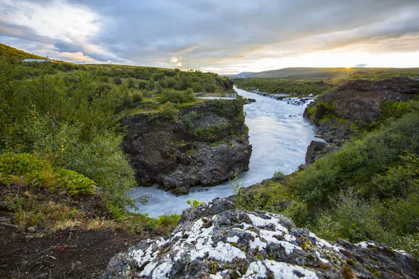 Rio Barnafoss Pôr Sol Islândia — Fotografia de Stock