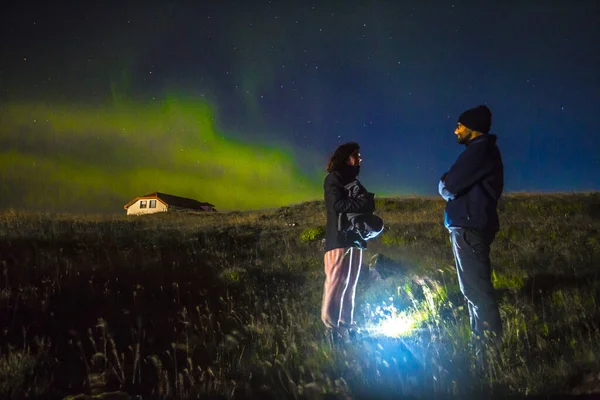 Couple Looking Each Other Landscape Reykjanes Skaginn Northern Lights Iceland — Stock Photo, Image