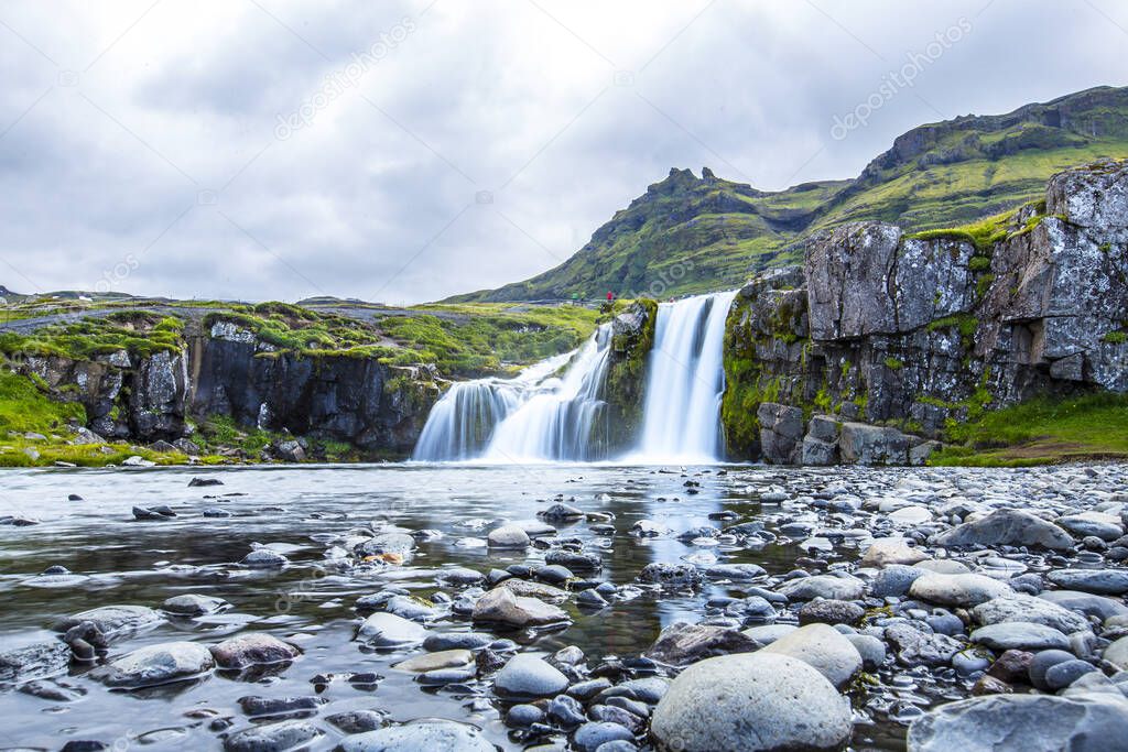 The beautiful waterfalls from below Kirkjufell in Iceland