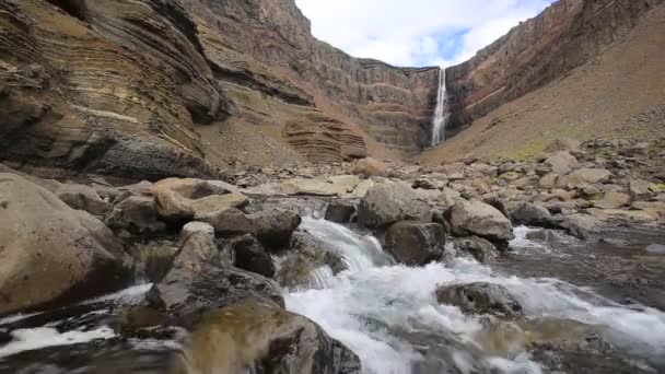 Όμορφο Κύτος Hengifoss Δει Κατά Μήκος Του Ποταμού Ισλανδία — Αρχείο Βίντεο
