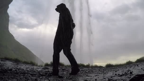 Ung Man Bakom Seljalandsfoss Waterfall Island — Stockvideo