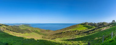Yeşil tepeleri ve mavi gökyüzü olan güzel deniz manzarası