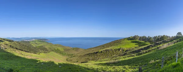 Kaunis Merimaisema Vihreillä Kukkuloilla Sinisellä Taivaalla — kuvapankkivalokuva
