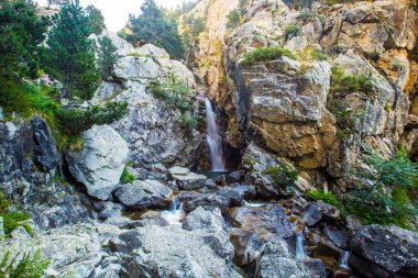 Aragon Pirenesi 'ndeki Panticosa' dan şelale yükseliyor. İspanya, dikey fotoğraf