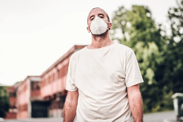 Young Man Mask His Orange Factory Health Emergency Pandemic Covid — Stock Photo, Image