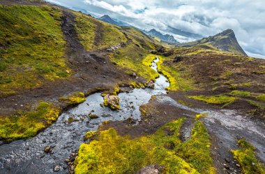 Landmannalaugar, İzlanda 'dan 54 km uzaklıkta güzel bir nehri olan yeşil bir dağ.