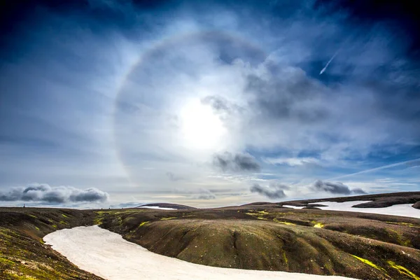 Solar Halo Sett Kall Morgon Vandring Från Landmannalaugar Island — Stockfoto