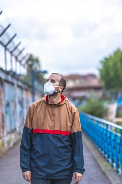 Young Caucasian Man Mask One His First Walks Lack Confidence — Stock Photo, Image