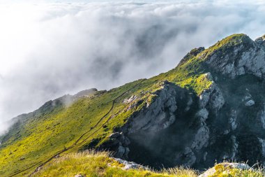 Bezelye de Aya dağının şafağında sisli havanın yolu ya da Aiako Harria, Oiartzun. Bask Bölgesi 'nin Gipuzkoa Eyaleti. Dikey fotoğraf