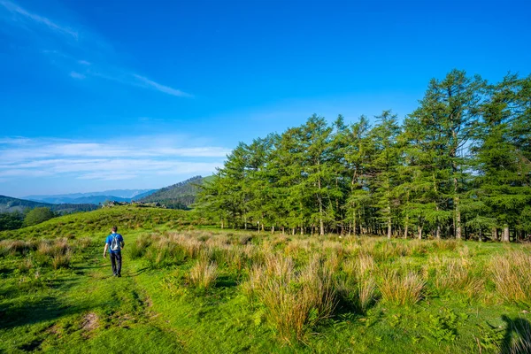 A young man walking on the path at the top of Monte Adarra in Urnieta, near San Sebastian. Gipuzkoa, Basque Country