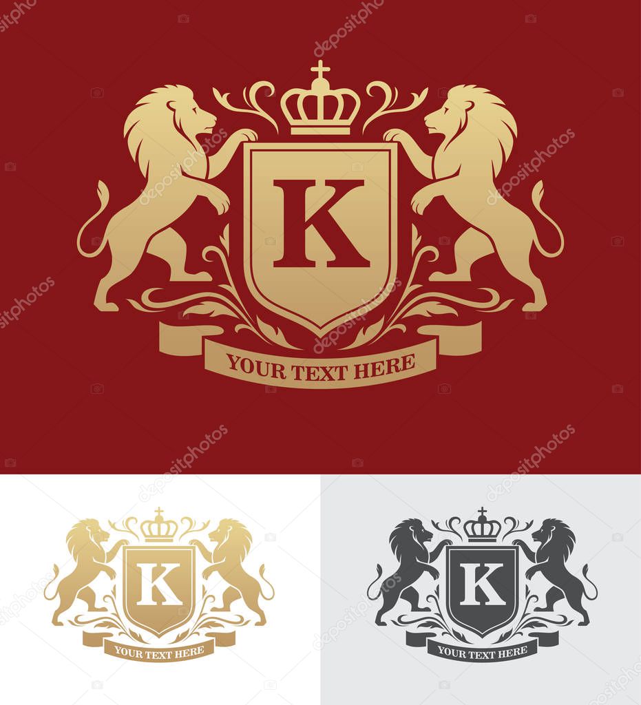 Golden crest design with rampant lions. Heraldic logo template. Luxury design concept.