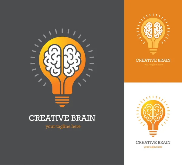 Logo brillante con icono cerebral lineal dentro de una bombilla . — Vector de stock