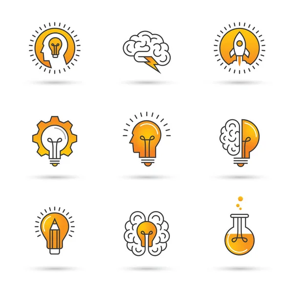 Creative idea logo set with human head, brain, light bulb. — Stock Vector