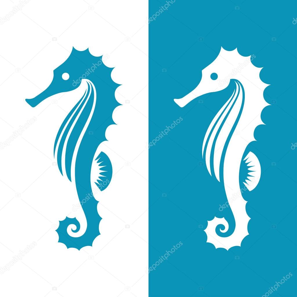 Seahorse silhouette isolated on white and blue background. Marine, sea, underwater life symbol, icon or tattoo.