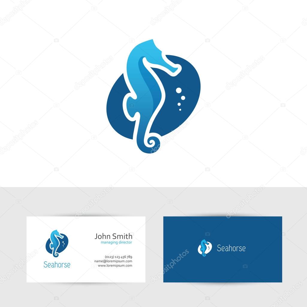 Blue seahorse logo and two business card design templates
