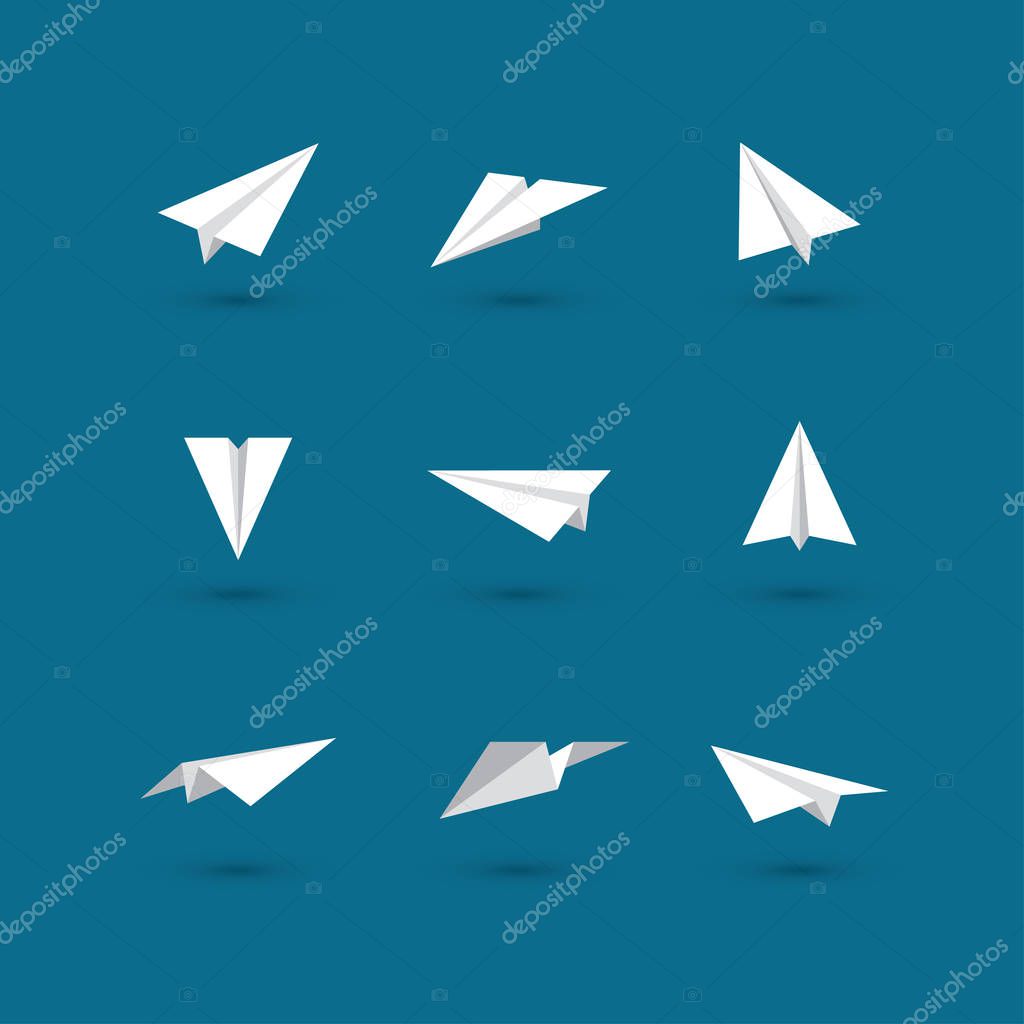 Set of white paper plane icons isolated on dark blue background.