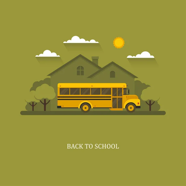 背景に郊外の家と学校のバス. — ストックベクタ