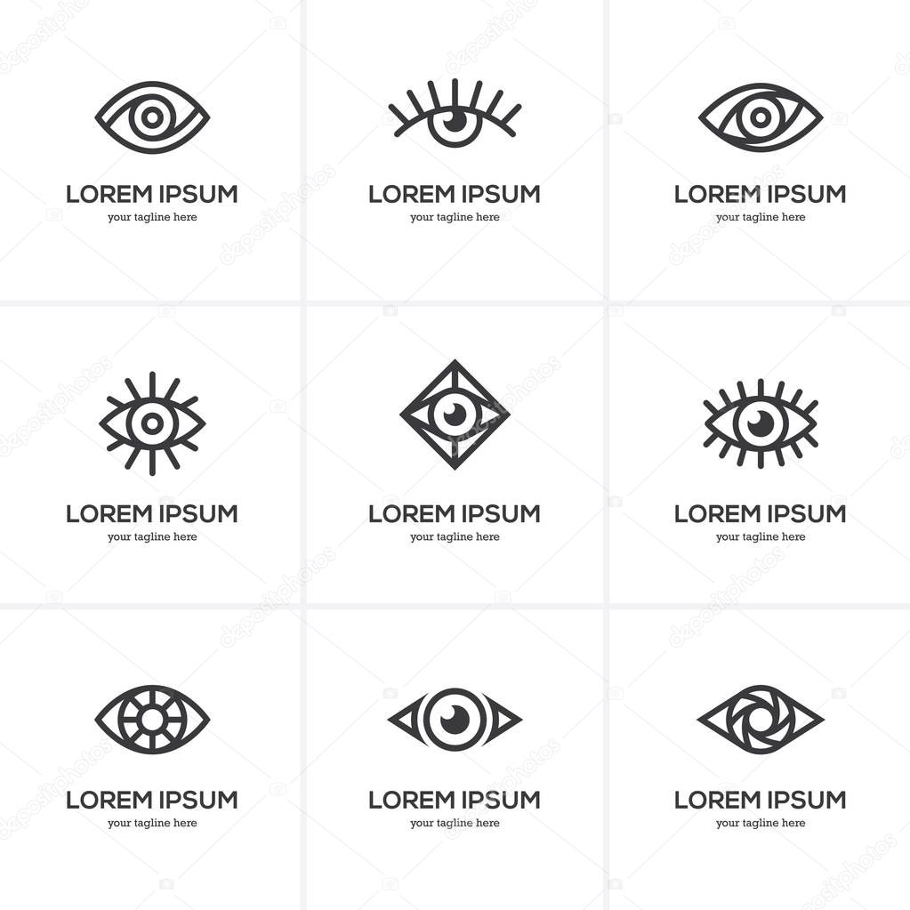 Set of black linear eye icon isolated on white background. Vision symbol. Optical clinic logo template.