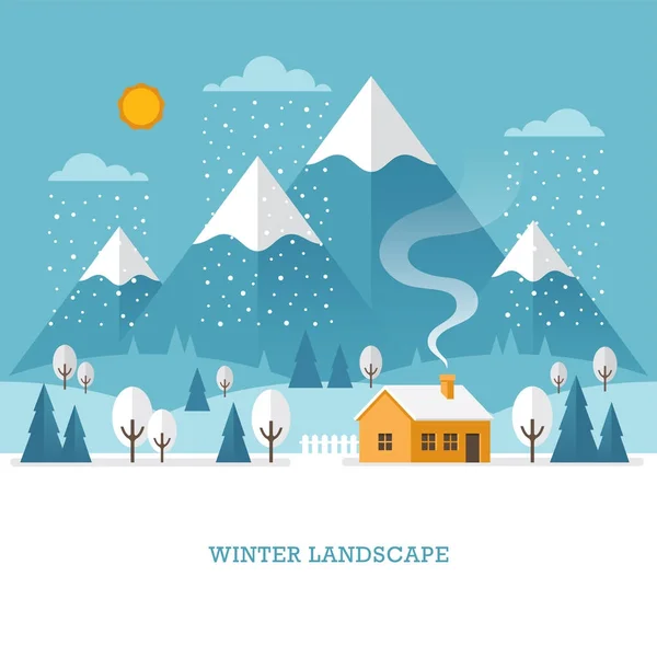 Zimní krajina s domem a hory. — Stockový vektor