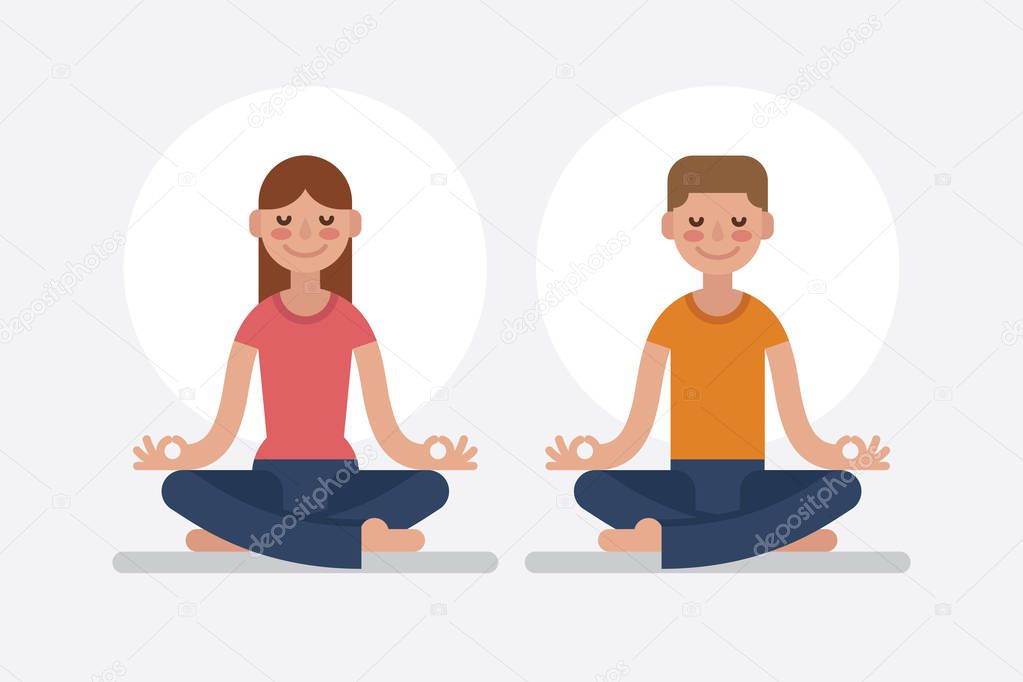 Young man and woman meditating in lotus pose.