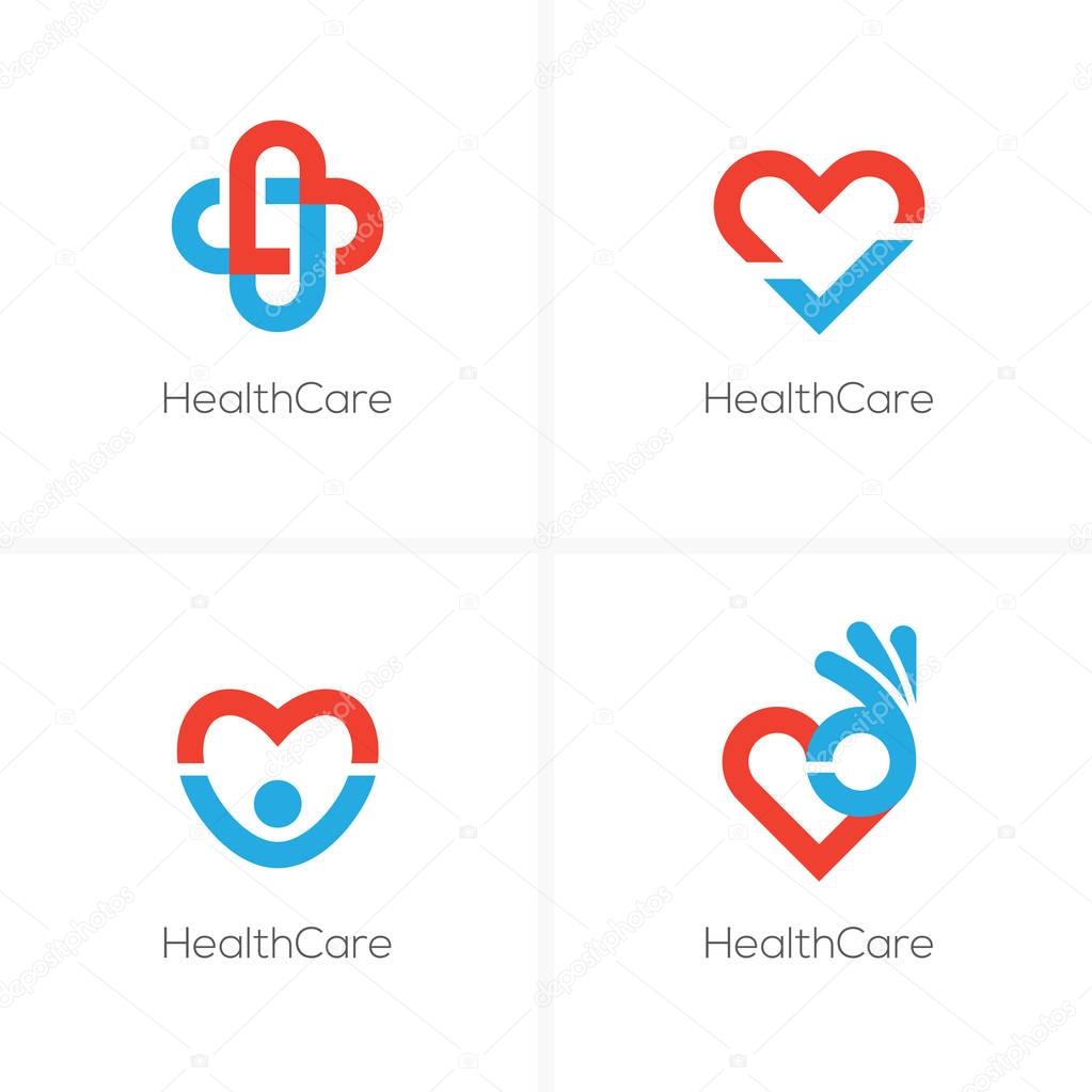 Set of four health care logo with heart shape, ok sign, check mark and happy man silhouette. Cardiology center, medical clinic abstract logo.