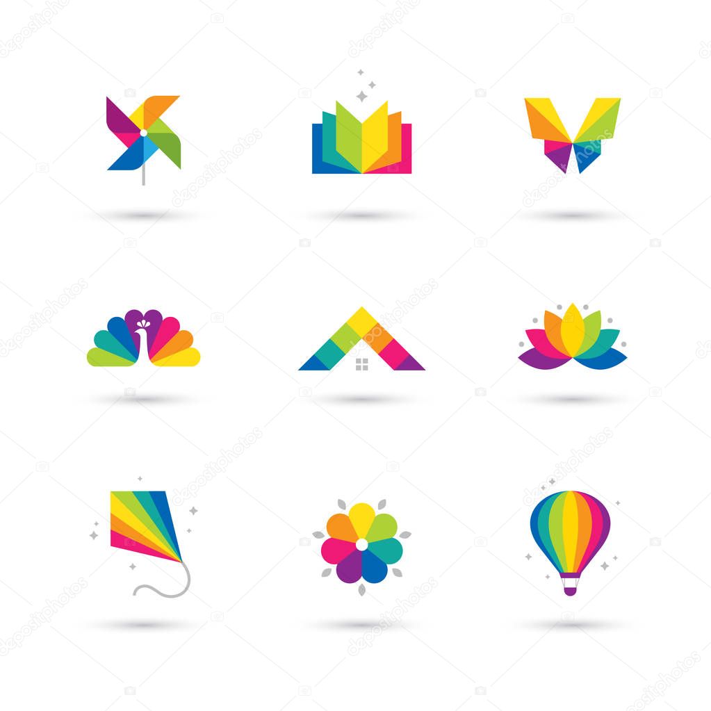 Bright colorful icons set with book, windmill toy, butterfly, peacock, house roof, lotus flower, kite and air balloon isolated on white background. Children, kids logo design.
