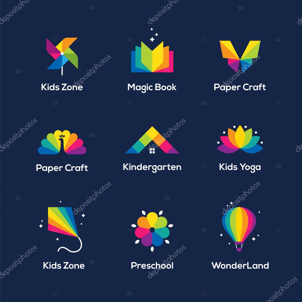 Bright colorful icons set with book, windmill toy, butterfly, peacock, house roof, lotus flower, kite and air balloon isolated on dark blue background. Children, kids logo design.