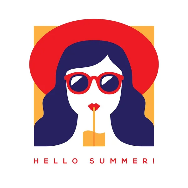 Hola tarjeta de verano con chica en gafas de sol — Vector de stock